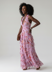 Nori | Halter Neck Ruched Bodice Floral Maxi Dress
