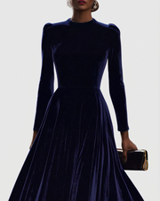 Liora™ | Navy Blue Midi Dress with Long Sleeves