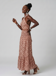 Amira | Cross Halter Geometric Print Cutout Midi Dress