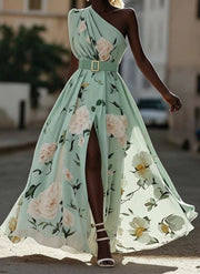 Julie | Light Green Floral Chiffon One-Shoulder Maxi Dress