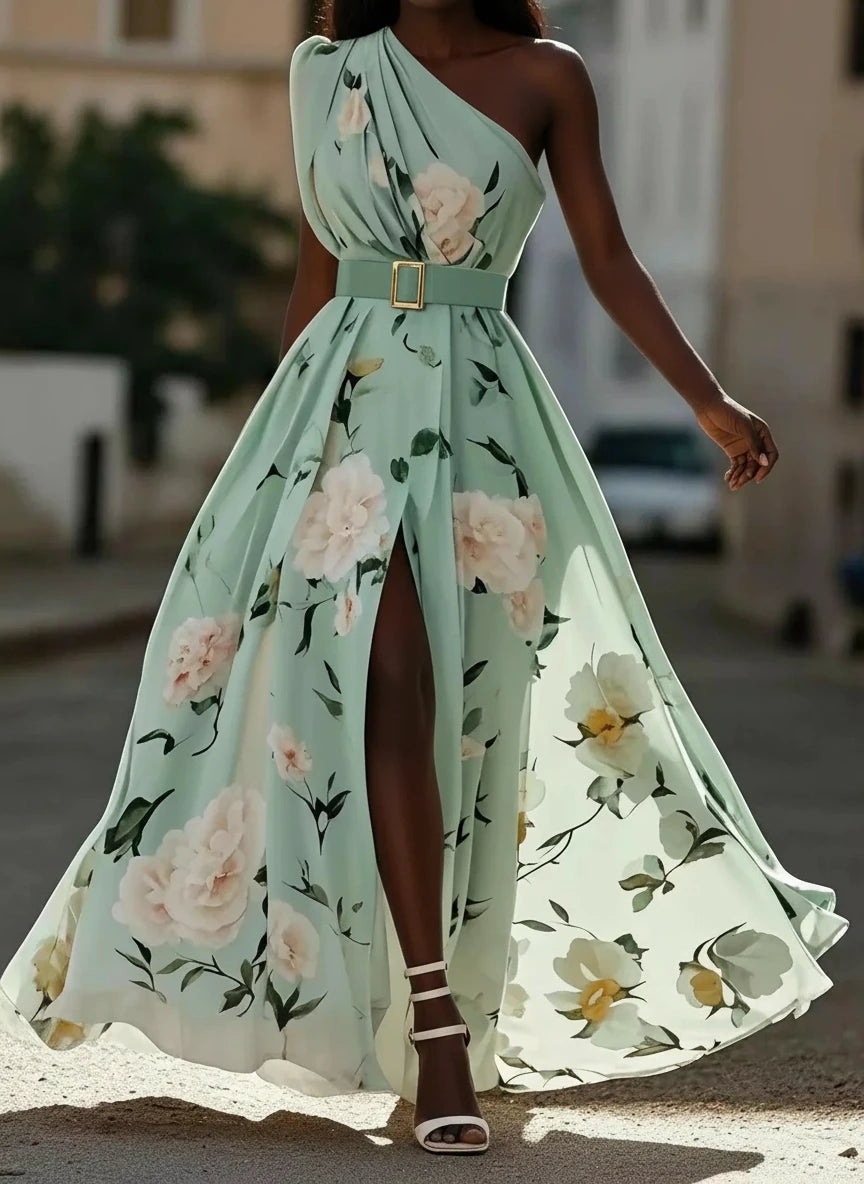 Julie | Light Green Floral Chiffon One-Shoulder Maxi Dress