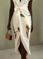 Judy | White Leaf Short Sleeve Satin Midi Dress
