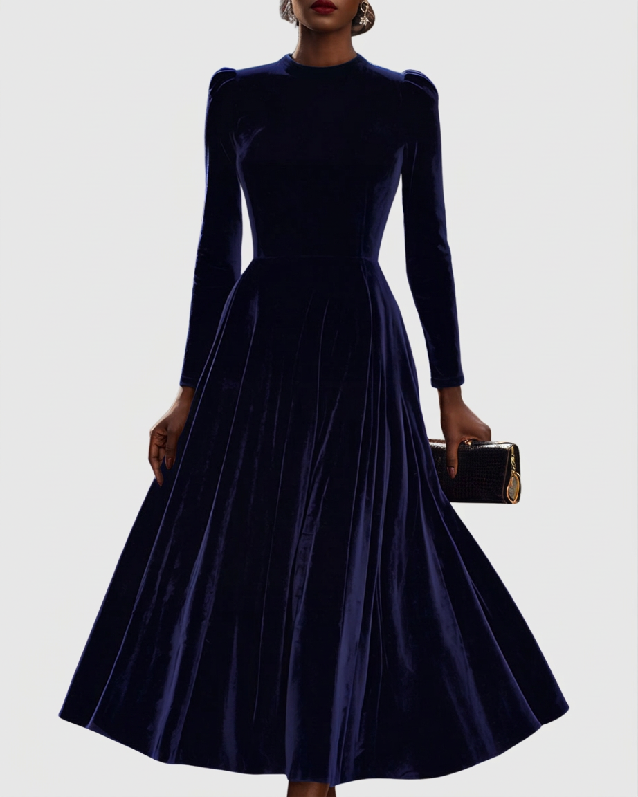 Liora™ | Navy Blue Midi Dress with Long Sleeves