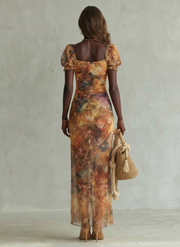 Ciel | Ruffled Sleeve Ruched Slit Midi Dress