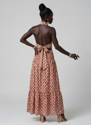 Amira | Cross Halter Geometric Print Cutout Midi Dress