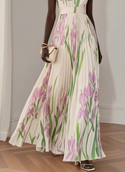 Marie | White Pleated Floral Chiffon Maxi Dress
