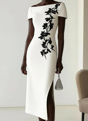 Audrey | Chic Floral Print Boat Neck Midi Dress Outfit