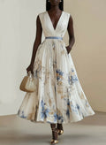 Chloe | White Floral Chiffon V-Neck Pleated Midi Dress