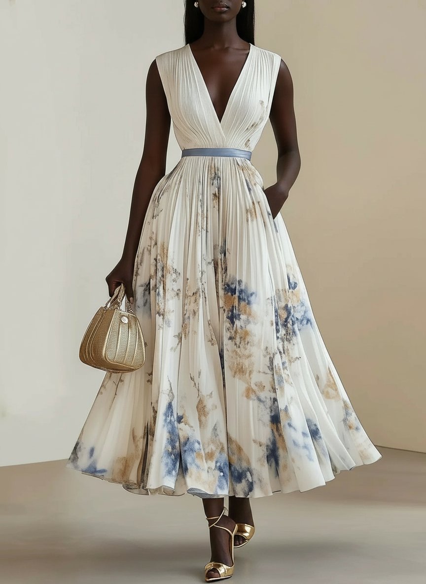 Chloe | White Floral Chiffon V-Neck Pleated Midi Dress