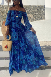 Franceska - Long dress with floral pattern and off-the-shoulder sleeves
