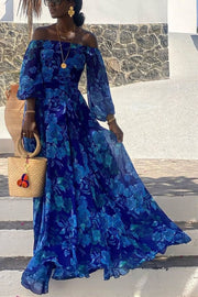 Francesca - Long dress with floral print and off-the-shoulder sleeves