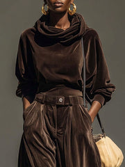 Vintage brown velvet hoodie and loose pants set (Includes belt)