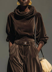 Vintaje brown velvet hoodie and loose pants set (Includes belt)