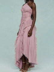 Ruth | Pleated Suspender Long Dress With Slits Dress