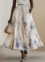 Chloe | White Floral Chiffon V-Neck Pleated Midi Dress