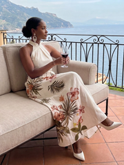 Meadow | Draped Halter Botanical Panel Maxi Dress