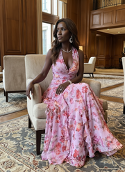 Nori | Halter Neck Ruched Bodice Floral Maxi Dress
