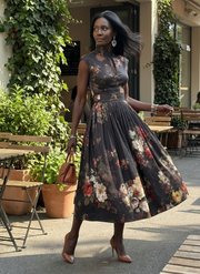 Greta | High Neck Keyhole Floral Pleated Midi Dress