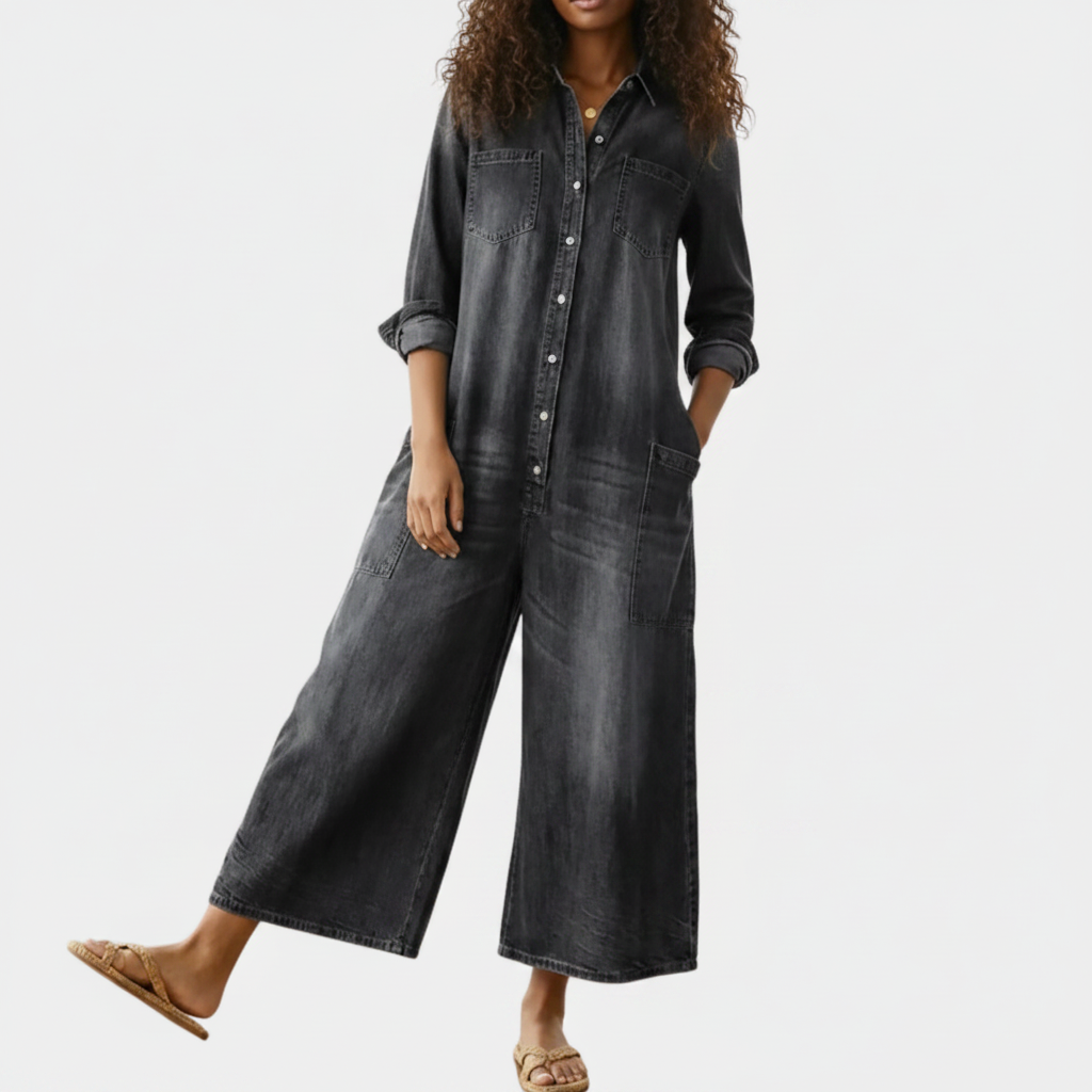 Diana | Vintage Washed Soft Cotton Denim Jumpsuit with Button Closure