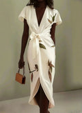 Judy | White Leaf Short Sleeve Satin Midi Dress