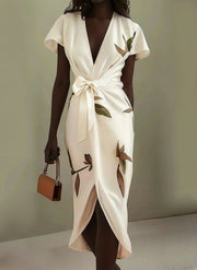 Judy | White Leaf Short Sleeve Satin Midi Dress