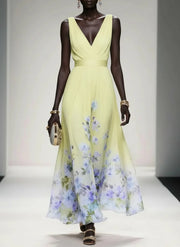Rose | Light Blue Floral Chiffon V-Neck Maxi Dress