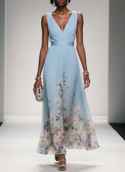 Rose | Light Blue Floral Chiffon V-Neck Maxi Dress