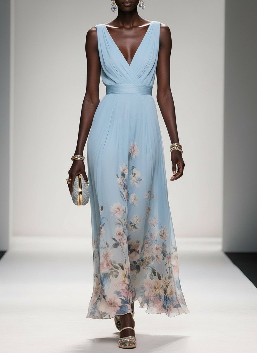 Rose | Light Blue Floral Chiffon V-Neck Maxi Dress