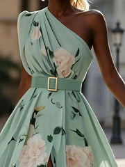 Julie | Light Green Floral Chiffon One-Shoulder Maxi Dress