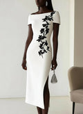 Audrey | Chic Floral Print Boat Neck Midi Dress Outfit