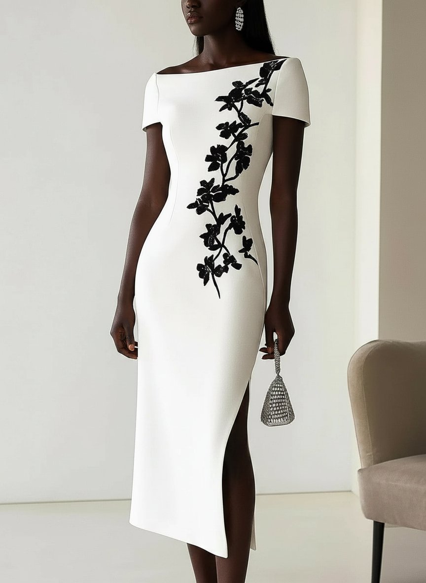 Audrey | Chic Floral Print Boat Neck Midi Dress Outfit