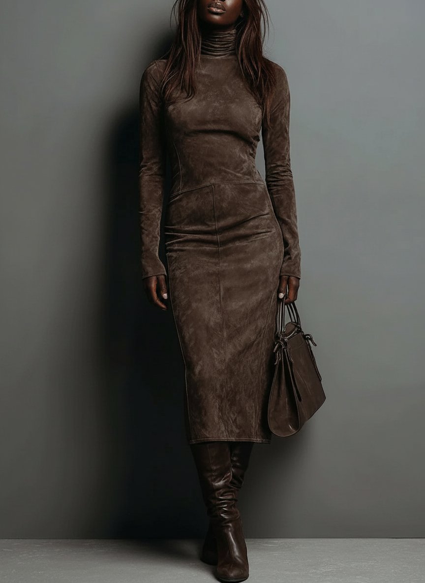 Robine | Long Sleeve Suede Midi Dress