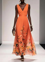 Rose | Light Blue Floral Chiffon V-Neck Maxi Dress