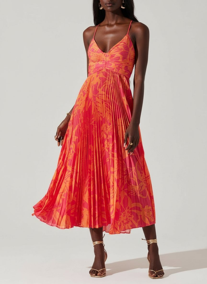 Heather | Coastal Chic Elegant Floral Print Pleats Midi Dress Collection