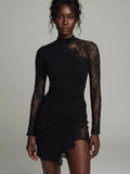 Blak Turtleneck Lace Asymmetrical Tulle Long Sleeve Mini Dress