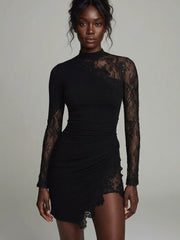Blak Turtleneck Lace Asymmetrical Tulle Long Sleeve Mini Dress