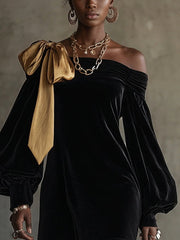 Blak Velvet and Gold Satin Patchwork Off-Shoulder Mini Dress