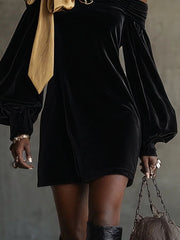 Blak Velvet and Gold Satin Patchwork Off-Shoulder Mini Dress