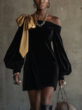 Blak Velvet and Gold Satin Patchwork Off-Shoulder Mini Dress