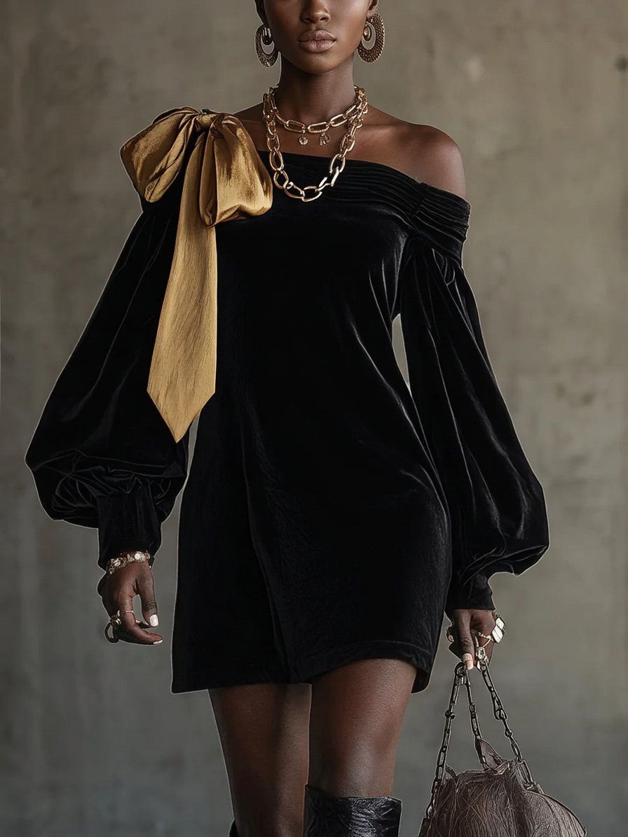 Blak Velvet and Gold Satin Patchwork Off-Shoulder Mini Dress