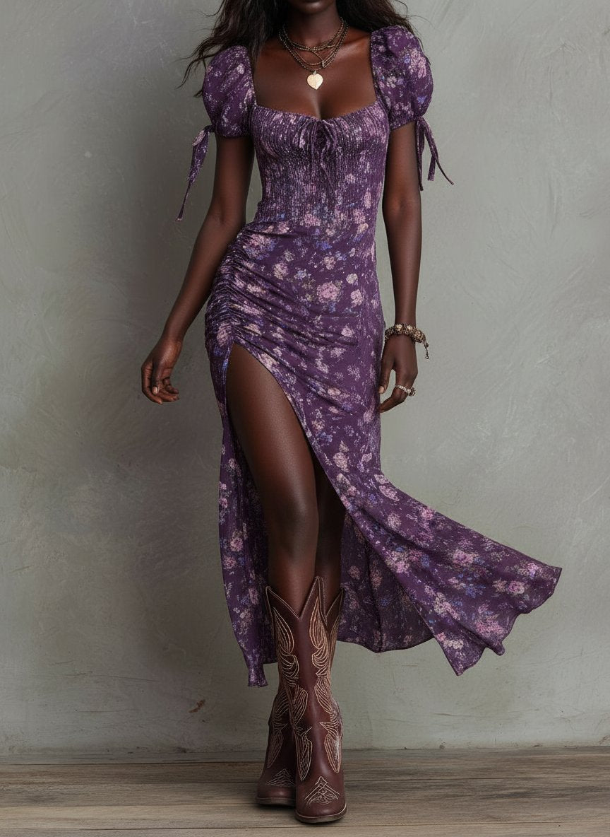 Wendy | Boho Floral Puff-Sleeve Midi Dress