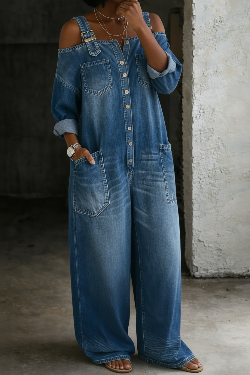 Stephanie | Off Shoulder Denim Shirt Jumpsuit