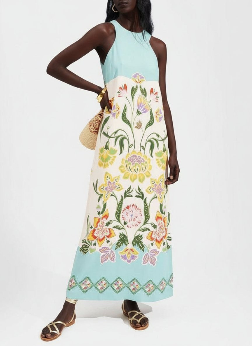 Ava | Resort Sunshine Floral Print Sleeveless Midi Dress