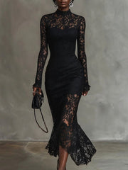 Elegant black stretchy lace fishtail maxi dress