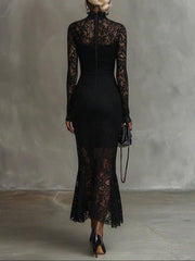 Elegant black stretchy lace fishtail maxi dress