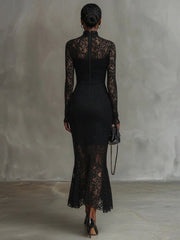 Elegant black stretchy lace fishtail maxi dress