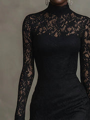 Elegant black stretchy lace fishtail maxi dress