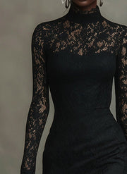 Elegant black stretchy lace fishtail maxi dress