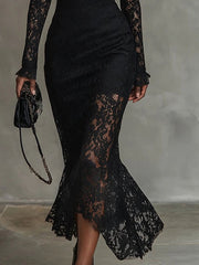 Elegant black stretchy lace fishtail maxi dress