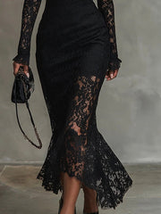 Elegant black stretchy lace fishtail maxi dress